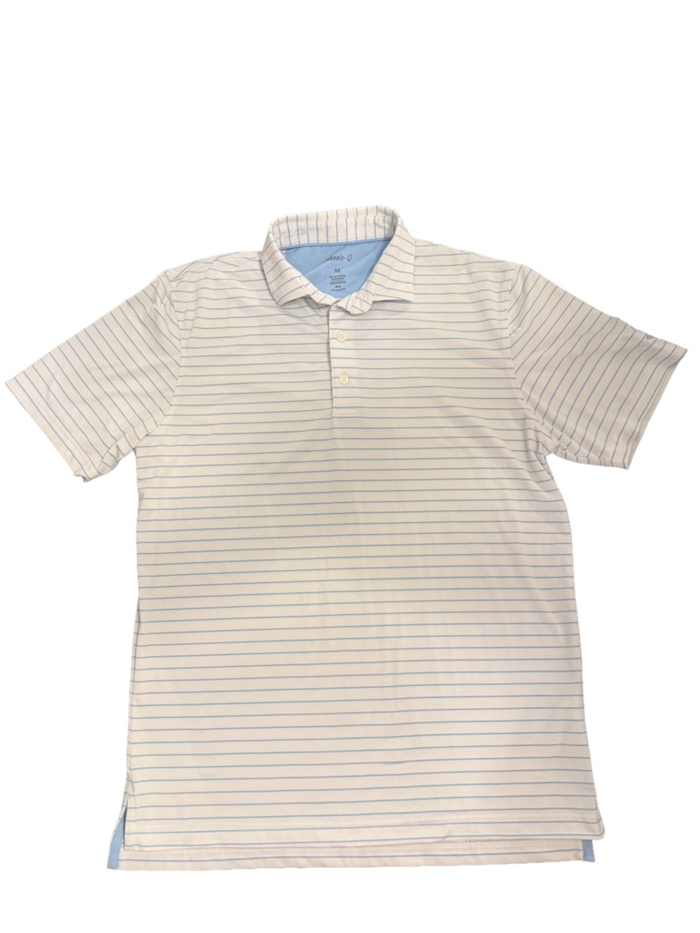 johnnie-O UPF 50 Polo Men’s Medium White with Light Blue Pinstripes Avon Oaks